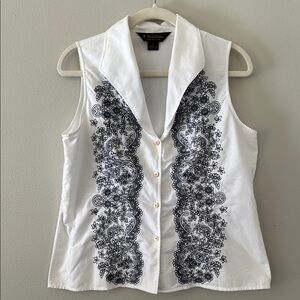 Brooks Brothers Supima Cotton White Sleeveless Button Down with Navy Embroidery